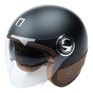 Casque jet Nox Premium Heritage noir mat/cuir marron (ECE 22.05)- S