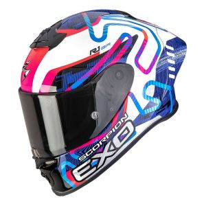 Casque intÃ©gral Scorpion Exo-R1 Evo II Cornering blanc/bleu/rose- S