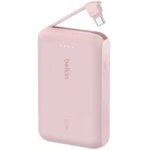 Batterie externe BELKIN 10000 mAh avec cable USB-C int&eacute;gre pink