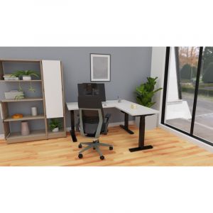 Bureau d'angle r&eacute;versible &eacute;lectrique avec encoche Dynamics Blanc neige, noir velours, &eacute;rable blanc, ch&ecirc;ne clair et ch&ecirc;ne brunswick