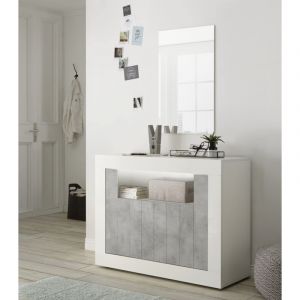 Buffet/bahut contemporain 110 cm blanc laqu&eacute;/b&eacute;ton Luciana Blanc laqu&eacute; brillant/b&eacute;ton