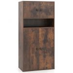 COSTWAY Biblioth&egrave;que avec 4 Portes, Compartiment Ouvert, 2 Kits Anti-Basculement pour Salon, Bureau, 70 x 33,5 x 130 cm Marron - Neuf
