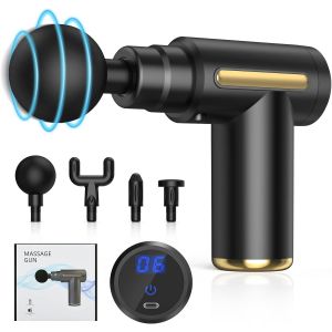 (Noir) Du Muscle Massage Pistolet, Mini Tissu Masseur Avec 4 Têtes De Massage, 6 Vitesse D'affichage À Led, Professionnels Des Tissus Profonds Massage Musculaire Pistolet - Neuf
