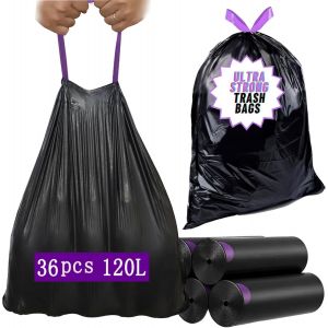 KALANKA-Sac Poubelle,Sacs Poubelles 120 L Résistant,Sac Plastique à Poignées Coulissantes,Sacs Poubelle(HDPE) 80 * 100CM*15µm 36pièces-Noir - Neuf