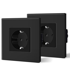 Lot de 2 prises Schuko standard avec plaque en verre 16 A-Installation facile-86 mm-Noir - Neuf