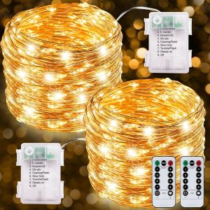 Jgd-Guirlande Lumineuse Blanc Chaud,2*12m 120led Guirlande Led &Agrave; Pile,Fil De Cuivre,Imperm&eacute;able Ip67,Avec T&eacute;l&eacute;commande 8 Modes Fonction Minuterie,Pour No&euml;l, Chemin&eacute;e, Maison, Mariage D&eacute;coration. - Neuf