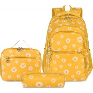 KALANKA-Sac à dos d'écolier pour fille, adolescente, femme, sac d'école, sac à dos, sac à dos pour filles, école, loisirs, avec sac à déjeuner et trousse, jaune, Sac à dos pour enfant - Neuf