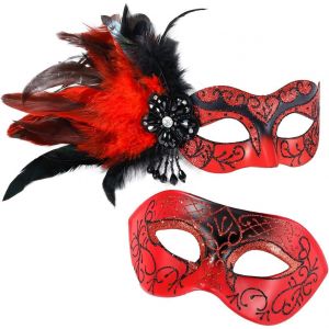 Masque De Bal Masqu&eacute; Pour Couple-Masque De Bal Masqu&eacute; Pour Femme Avec Plumes Et Masque V&eacute;nitien Pour Homme Pour F&ecirc;te De Mardi Gras.[J483] - Neuf