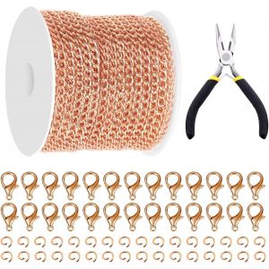 Sjzg-102pcs 30ft Jewelry Chain Set Cha&icirc;ne En Or Rose Maillons De Cha&icirc;ne Rouleau De Cha&icirc;ne Torsad&eacute;e En Vrac Avec Fermoir Homard Et Anneau De Saut - Neuf