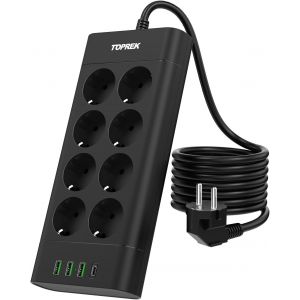 Multiprise 8 Prises Schuko avec USB C PD 20 W Charge Rapide et 3USB A 12W, 4000W/16A Multiprise Parasurtenseur Parafoudre et Surtension avec Interrupteur Cable 2 M pour Maison Bureau, Noire - Neuf