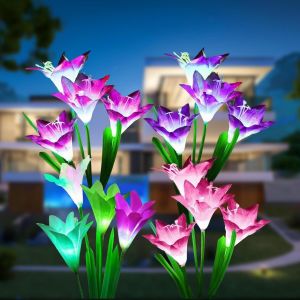 Lampes Solaires Exterieur Jardin,Lot De 4 Couleurs Changeantes Lys Solaires Plus Grandes,Ip65 Étanche Lampe Solaire Pour Jardin, Patio, Allée,Terrasse De Décoration - Neuf