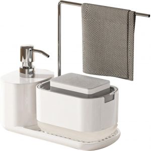KAL-Ensemble De Distributeur De Savon De Cuisine,Avec Porte-Éponge Et Porte-Torchon,Rechargeable Distributeur Liquide Vaisselle Pour Les Mains,Organiseur De Rangement,Blanc - Neuf