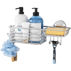 &Eacute;tag&egrave;re de douche &agrave; suspendre en acier inoxydable sans per&ccedil;age avec crochets, porte-savon et porte-rasoir, accessoire de salle de bain, &eacute;tag&egrave;re de douche pour, argent&eacute; - Neuf