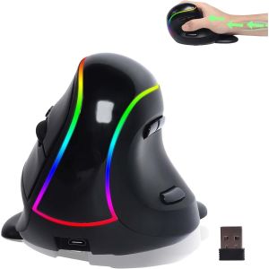 CHECARZHN--NO1-Souris Ergonomique Sans Fil, 3 Modes Verticaux Rechargeables, Avec Éclairage Rvb, Souris Optique De Haute Précision Avec 4 Dpi Réglables, 7 Boutons, Réduit La Fatigue Du Bras Et Du Poignet, - Neuf