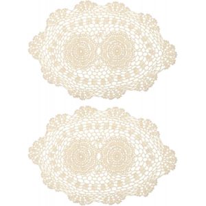Sjzg-Lot De 2 Napperons Ovales En Crochet Faits &Agrave; La Main En Polyester Et Coton Pour Table De Salle &Agrave; Manger, Cuisine, F&ecirc;tes, 40,6 X 25,4 Cm, Beige - Neuf