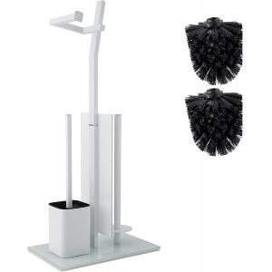 KAL-Ensemble Porte-Papier De Toilette Pour Salle De Bain - Blanc - Porte-Papier De Toilette En Acier Inoxydable Chromé - Base En Verre - Dimensions : 32X20X70Cm - Montage Facile - 1+2 Brosses De Toil - Neuf