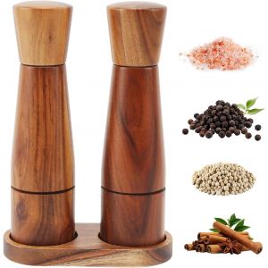 Moulin &Agrave; Sel Et &Agrave; Poivre En Bois, Poivri&egrave;re &Agrave; Sel, Moulin &Agrave; Poivre Manuel Et Moulin &Agrave; Sel Avec Soucoupe, Moulin &Agrave; &Eacute;pices R&eacute;glable En C&eacute;ramique, 21cm - Neuf