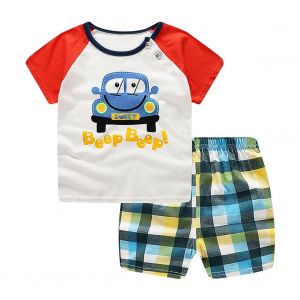 Ensemble D'ete Pour Bebe, T-Shirt A Manches Courtes Et Short, Motif Voiture Rouge (100 Pieces) - Neuf