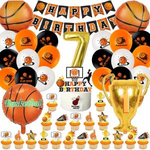 D&eacute;coration Anniversaire Basket 7 Ans,Basketball Ballon Anniversaire Gar&ccedil;ons Filles,52 Pcs Kit Anniversaire Basket avec Banni&egrave;re G&acirc;teau Topper, Basket F&ecirc;te D&eacute;co Ballons H&eacute;lium - Neuf