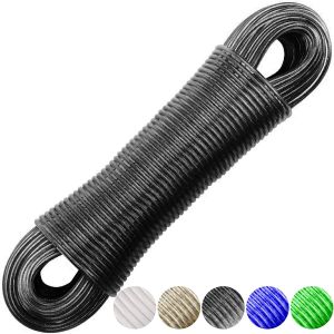 KALANKA-Corde &agrave; linge avec noyau en acier, 20 m, corde &agrave; linge robuste avec 2 tendeurs, corde &agrave; linge solide pour int&eacute;rieur, ext&eacute;rieur, jardin, noir, T-202465 - Neuf