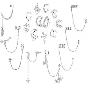 Kal-18 Pièces Oreille Manchette Boucles D'oreilles Avec Chaîne Pour Femmes Helix Cartilage Clip On Wrap Clips Oreilles Réglables Non Percées Manchette D'oreille Ensemble - Neuf