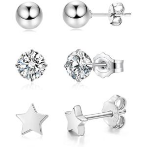 Kal-Lot De 3 Paires De Boucles D'oreilles En Argent 925 - 4 Mm - Hypoallerg&eacute;niques - &Eacute;toile Ronde - Zircon Cubique - Dormir - Avec Bo&icirc;te Cadeau - Neuf