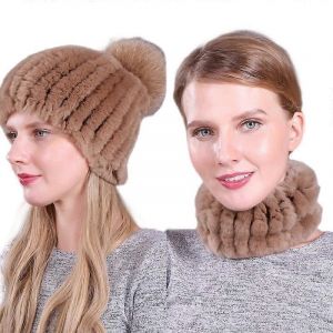 EVAGO Femmes V&eacute;ritable Fourrure De Lapin D'hiver En Tricot Bonnet &Eacute;charpe Ensemble Pour Fille &Eacute;pais Doubl&eacute; Chapeau De Ski Chaud T&ecirc;te De Mort Avec Fox Pom-style 33-enfants-femme - Neuf