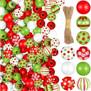 Ensemble de Perles de Noël, 100 Pièces Perles en Bois Colorées, Perle en Bois à Enfiler, Perle en Boiss Rondes en Vrac, Décorations de Noël pour Bijoux, Sapins de Noëls, Couronnes, Porches - Neuf