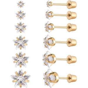 Lot De 6 Paires De Clous D'oreilles En Acier Inoxydable Chirurgical Avec Vis Arrière Plaqué Or 18 Carats En Forme De C?ur,Étoile,Carré,Coupe Princesse,Rondes,Zircons Cubiques Blancs,Pour Femme[X2633] - Neuf