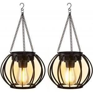 Lampe Solaire Exterieur Suspendue, Lanterne Solaire Exterieur M&eacute;tal Avec Cha&icirc;ne Et Crochet, Ip65 &Eacute;tanche Lanterne Ronde Decorative &Agrave; Suspendre Pour Terrasse Balcon Cour Jardin, Lot De 2 - Neuf