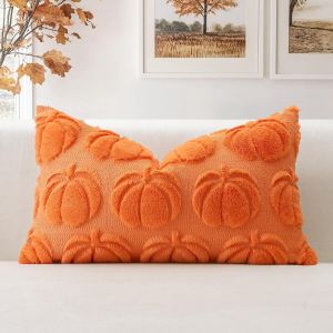 Cauc-Lot De 1 Halloween Housses De Coussin Doux Peluche Laine Courte Velours Décoration D'automne Housses De Coussin Luxe Style Pour Canapé Chambre Orange - Citrouille 30 X 50 Cm - Neuf