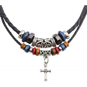 Kal-Collier En Cuir Tribal Pour Femme Et Homme - Style Boh&egrave;me Vintage - Perles En Bois - Collier Ras Du Cou Pour Pendentif - Neuf