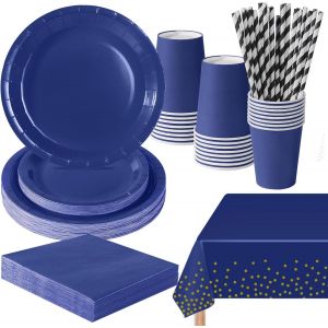 Checarzhn--No1-Anniversaire Vaisselle De Fete 121 Pièces Bleu Foncé Party Assiettes En Papier Set Assiettes De Fête Papier Tasses Serviettesr, Pour Barbecue Les Fêtes Les Pique-Niques -24 Invités - Neuf