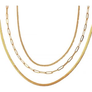 Kal-Layering Collier Femme, 18k Plaqué Lune/Lame Chaîne Torsadée/Twist/Chaîne Os De Serpent Brillant Titane-Acier Porté Séparément Réglable Bijoux Filles Or - Neuf