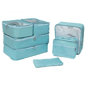 Ensemble de 7 cubes de rangement de voyage avec trousse de toilette - Bleu clair - Neuf