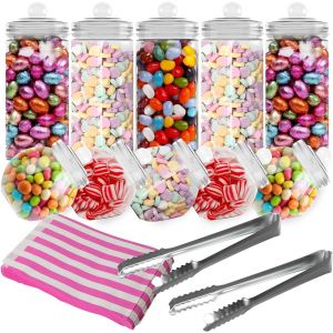 Ulteronixshop-Lot de 10 Bonbonni&egrave;re Plastique - Pots Vides de Style Victorien Vintage avec Couvercles, Kit de Bocal a Bonbon Retro Pour F&ecirc;tes avec 2 Pinces et 50 Sacs en Papier &agrave; Rayures Roses - Neuf