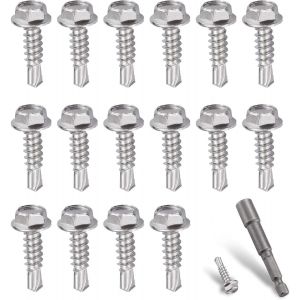 CHECARZHN--NO1-Lot De 121 Vis Autotaraudeuses M4,2 X 16 Mm En Acier Inoxydable Avec Joint, Vis Autoperceuses Avec 1 Jeu De Douilles Hexagonales, Kit De Vis À Tôle Pour L'Industrie, L'Acier, Le Bois, - Neuf