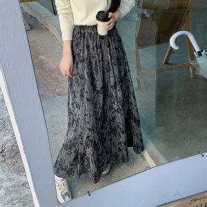 Jupe Plissée À Taille Élastique, Jupe Trapèze Décontractée, Jupe Longue Mi-Longue En Laine Chenille Imprimée, Jupe Longue Polyvalente Pour L'hiver - Neuf