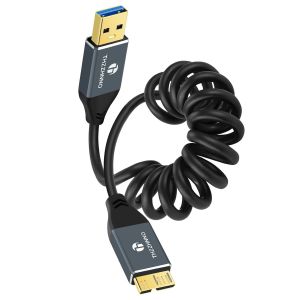 KALANKA-Câble Spiralé 3.0 Micro B vers USB, Câble Spiralé USB A Mâle vers Micro B 5Gbps Compatible avec Disque Dur Externe WD, Toshiba Canvio, Galaxy S5(95MM étendu à 1M) - Neuf