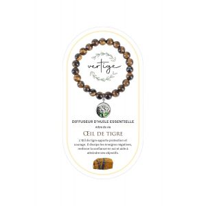 VERTIGE Bracelet de lithothérapie ?il DE TIGRE + Diffuseur huile essentielle amovible (7 Recharges incluses), Pierres 8mm Minérales, bien être, Apporte AMBITION et CONFIANCE EN SOI, Femme/Homme - Neuf