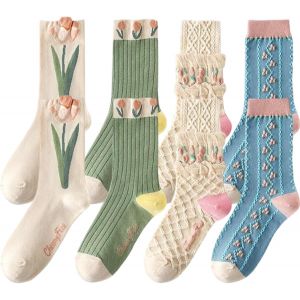 Jgd-4 Paires De Chaussettes &Agrave; Volants Pour Femme - Motifs Color&eacute;s Et Fleurs De Mode R&eacute;tro, En Coton, 39-42 34-46 - Neuf