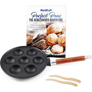 Subzonal-Po&ecirc;le Aebleskiver &Agrave; 7 Trous En Fonte Avec Poign&eacute;e Amovible En Bois, Pr&eacute;-Enduite, B&acirc;tonnets Aebleskiver Et Livre De Recettes Inclus - Neuf