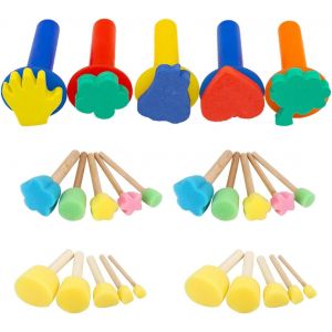 Mevronisshop-25 Pi&egrave;ces Brosse &Agrave; Eponges Rondes,Pinceaux &Eacute;ponge Peinture Avec Manche Bois,Enfant &Eacute;ponge Pour Les Enfants Peinture Et Bricolage(5 Tailles) - Neuf