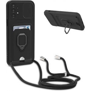 Ayu-Coque Avec Cordon Pour Samsung Galaxy A33 5g,Collier Pour Étui Colliers De Cellulaire Réglable Corde Silicone Souple Case,Protection De La Caméra,Support,Porte Cartes - Noir - Neuf