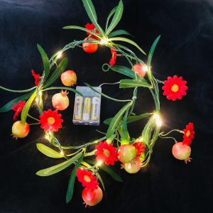 KAL-Artificielle Grenade Et Fleurs Plantes Vigne Guirlande Avec 2 Mètres 20 Led Fil De Cuivre Fées Lumières Batterie Alimentée Pour Maison Mariage Décoration (A-Grenade, 1) - Neuf