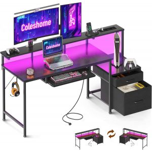 SUBZONAL-Bureau Gaming avec LED, 140x48cm Bureau avec Tiroirs en Tissu Table Gaming avec Prises de Courant, Table Informatique avec Rangement pour Domicile, Noir - Neuf