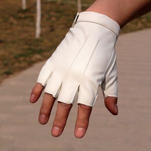 1 Paire De Gants En Simili Cuir Demi-Doigts Lisses Imperméables Poignet Réglable Couleur Unie Unisexe Conduite Sports De Plein Air Gants D'halloween Costume De Cosplay-Blanc - Neuf