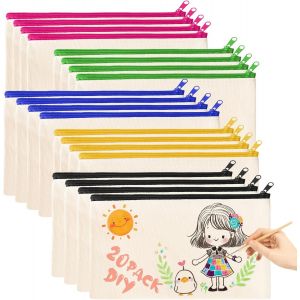 KAL-20 Pcs Pochette Tissu Zipp&eacute;e,12&times;21Cm Diy Vierge Toile Trousse,Trousse De Maquillage En Toile,Sac Zipp&eacute; Multifonctionnel Sac,Pour Voyage,Bureau,&Eacute;cole (Beige+Fermeture &Eacute;clair De Couleur) - Neuf