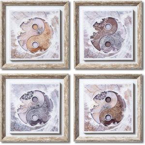 Tableau Decoration Murale Salon Ying Yang Mandala 30 X 30 Cm X 4 Pi&egrave;ces - Set De Tableau Avec Cadre Shabby Chic. - Neuf