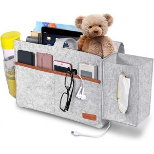 Sac de rangement suspendu en feutre avec boîte à mouchoirs et porte-bouteilles, plateau antidérapant pour canapé-lit, porte-revues pour chambre de bébé ou dortoir - Gris clair - Neuf